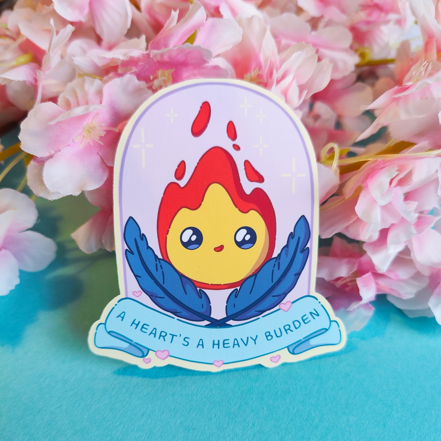 Kawaii Calcifer vinyl matte die-cut sticker, 10 x 6cm, flame spirit design printed in Ireland – water-resistant,