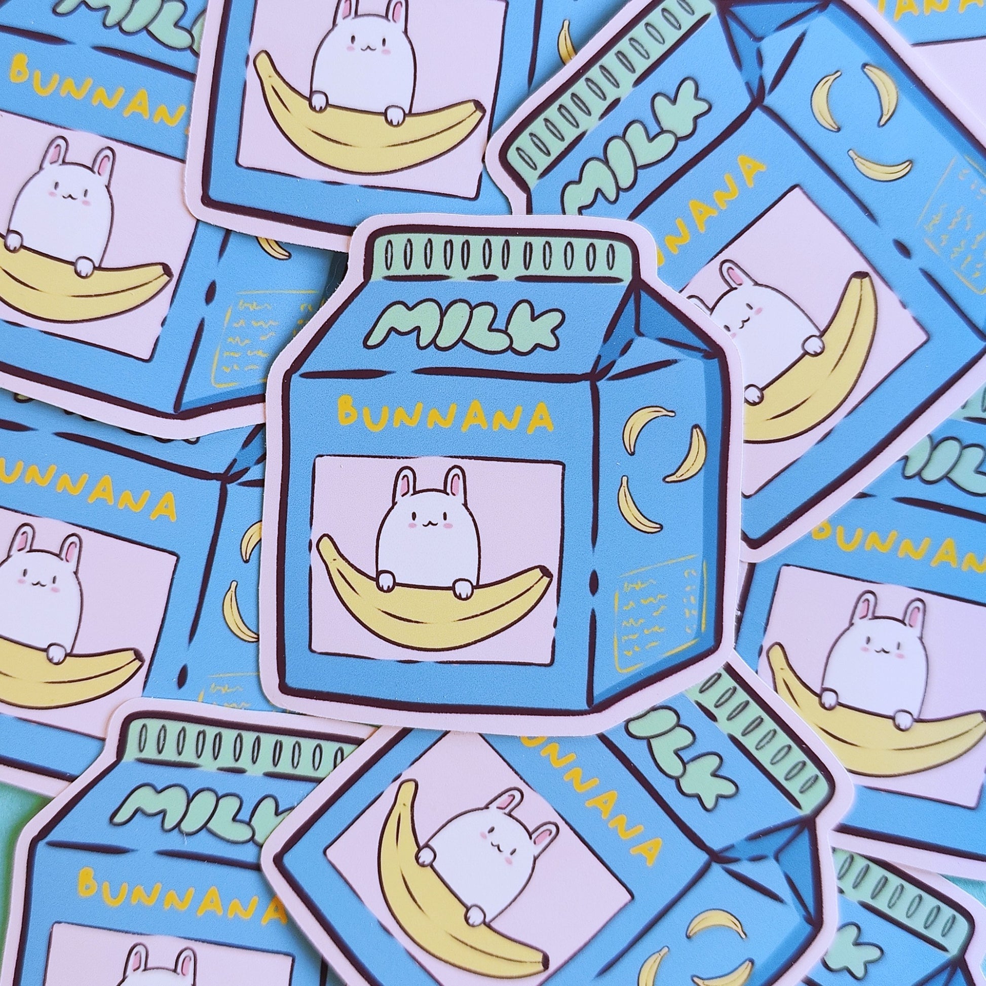 Matte vinyl die-cut sticker featuring Bunnana – a kawaii banana milk carton with a cute bunny character, printed in Ireland, 6x6.5cm