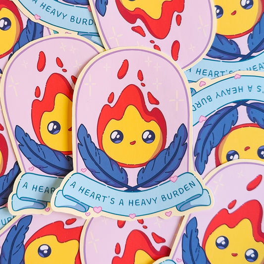 Kawaii Calcifer vinyl matte die-cut sticker, 10 x 6cm, flame spirit design printed in Ireland – water-resistant,