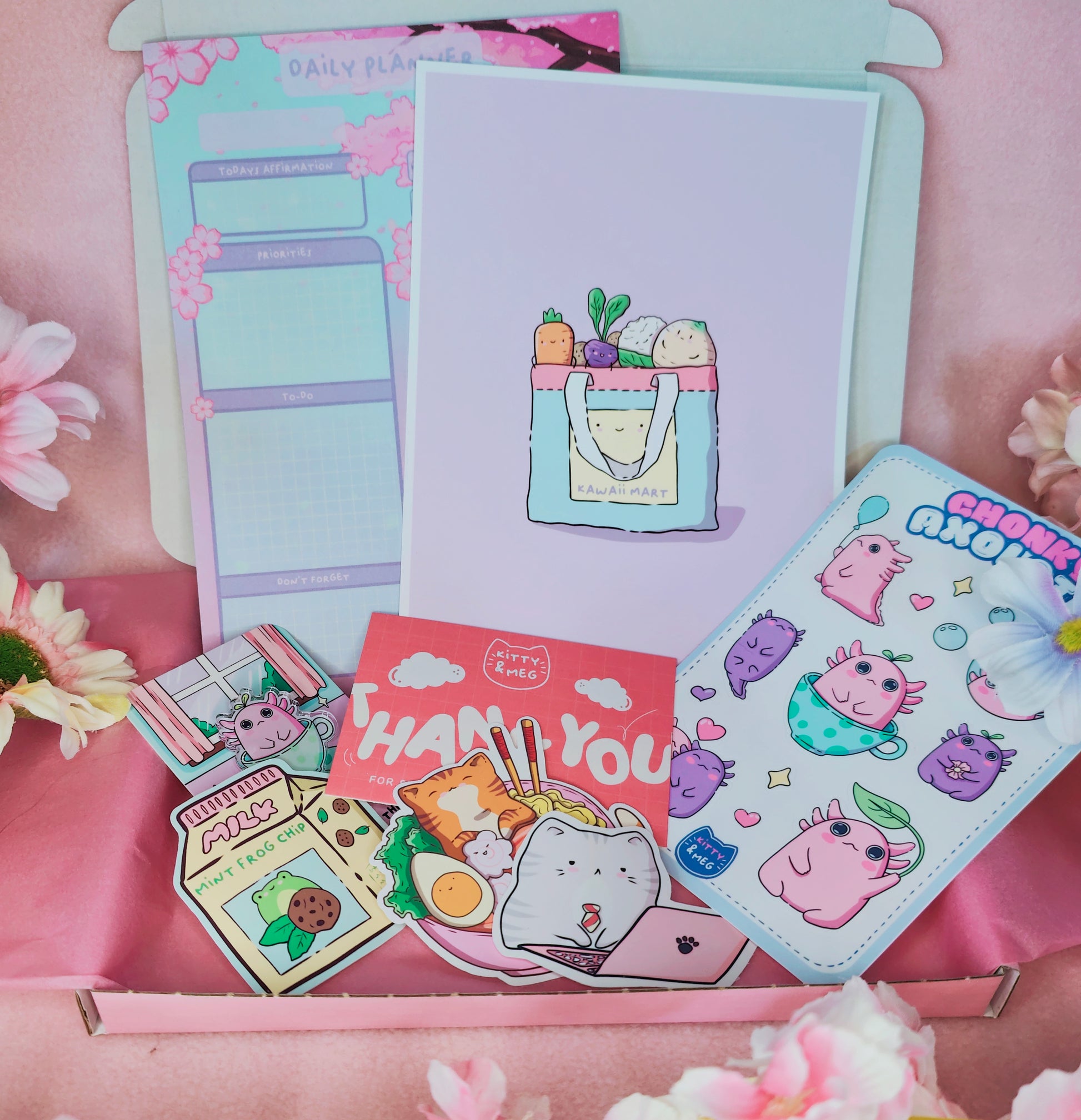 Kawaii gift box filled with colourful stationery, accessories, and cute surprises
