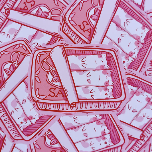 Matte vinyl die-cut sticker featuring three cute cats inside a sardine tin – Sardine Kitties kawaii-style artwork, printed in Ireland, 8x5.5cm