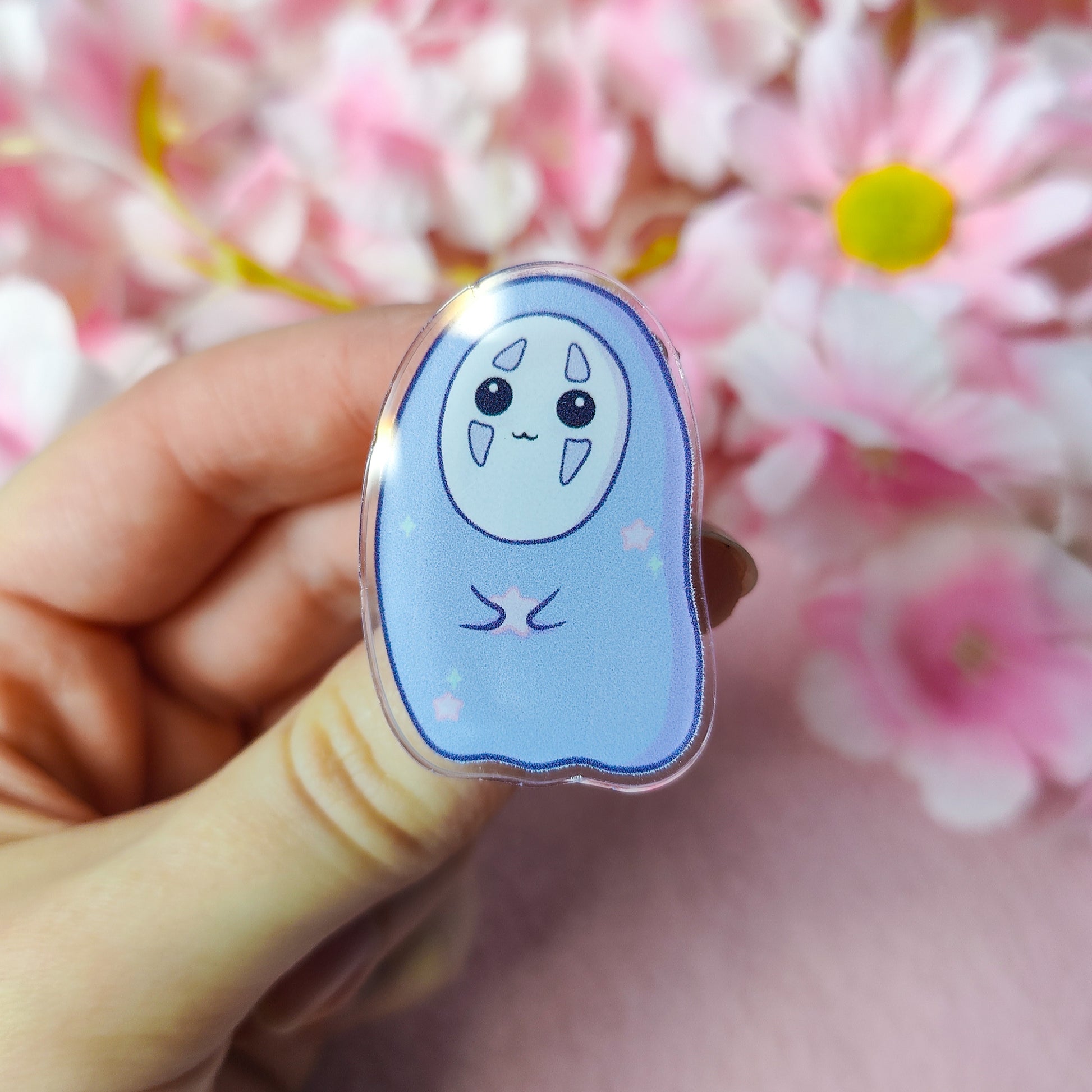 Pastel Spirit acrylic pin in soft lilac on art backing card – inspired by Studio Ghibli No Face