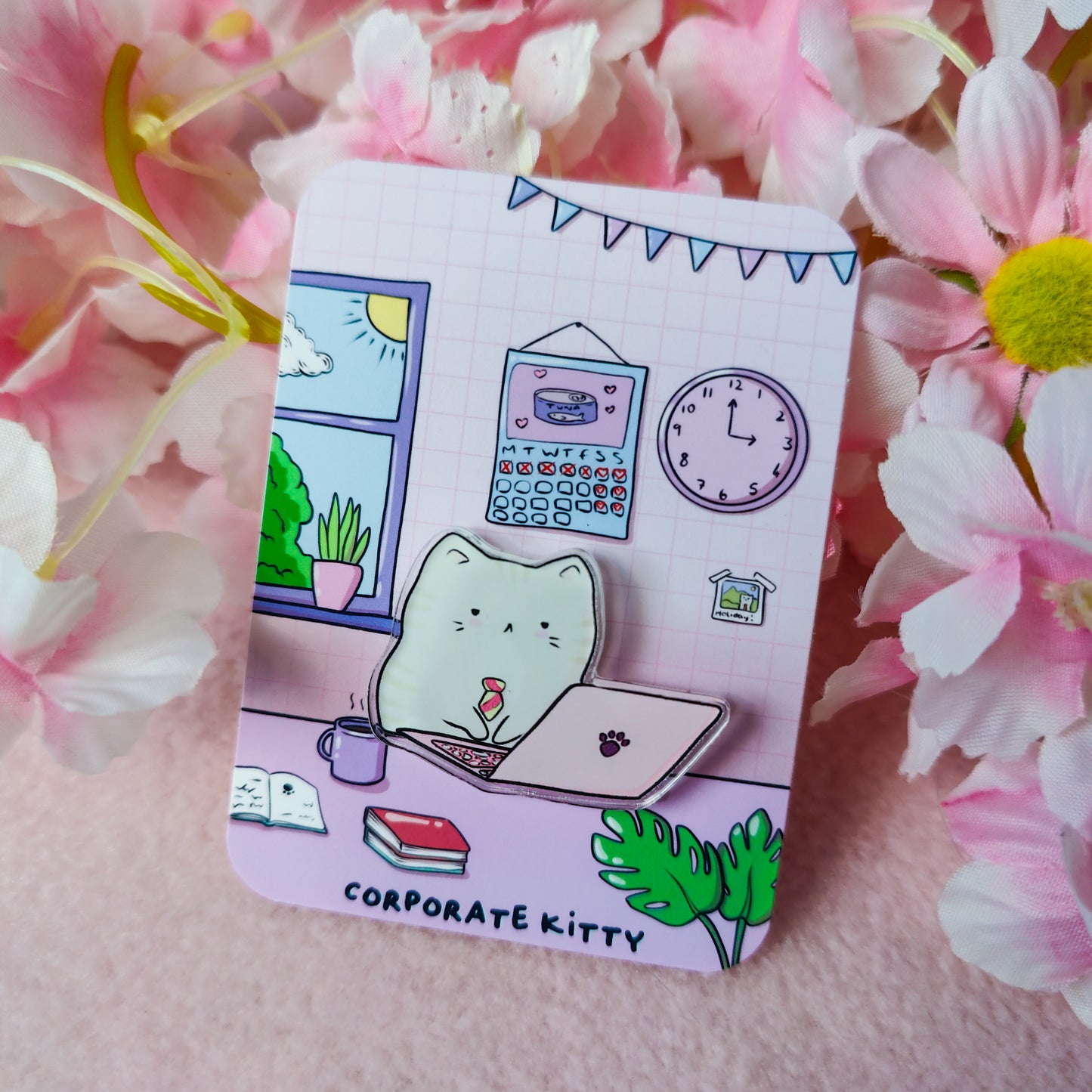 Funny office-themed cat pin – 35x38mm acrylic pin with corporate kitty design
