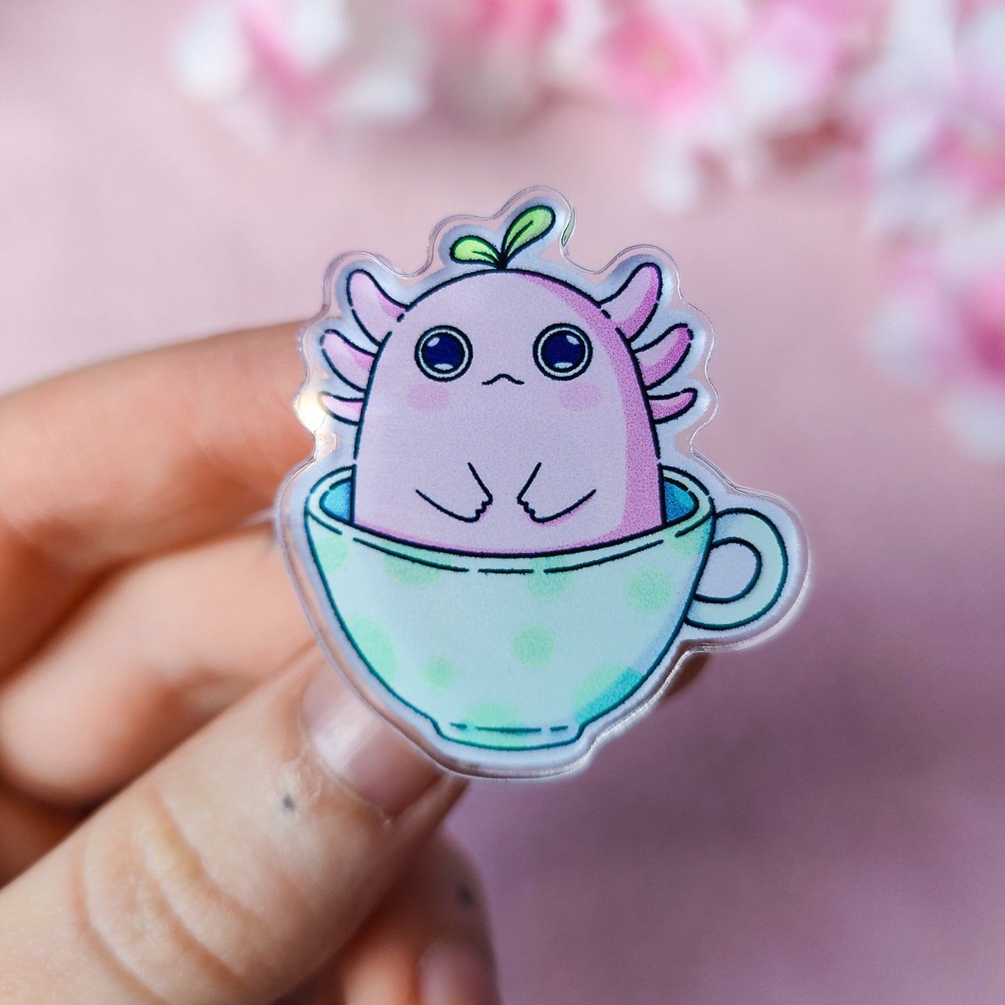 Cute and funny axolotl pin – kawaii amphibian in tea cup with pun caption