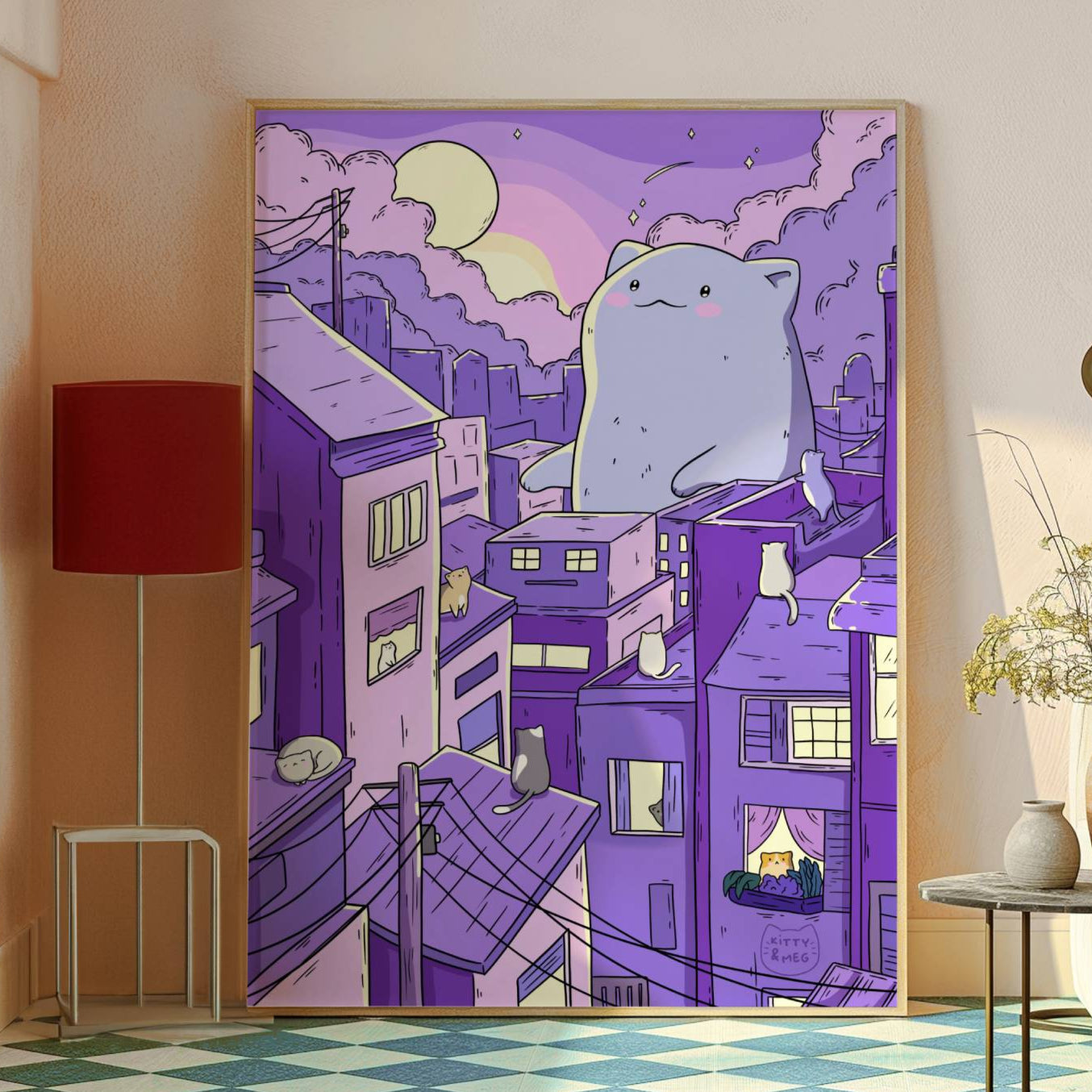 Framed artwork of a cartoon cat on rooftops with a purple cityscape in a room.