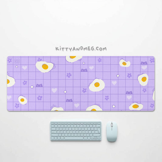 kawaii egg and cat purple aesthetic deskmat