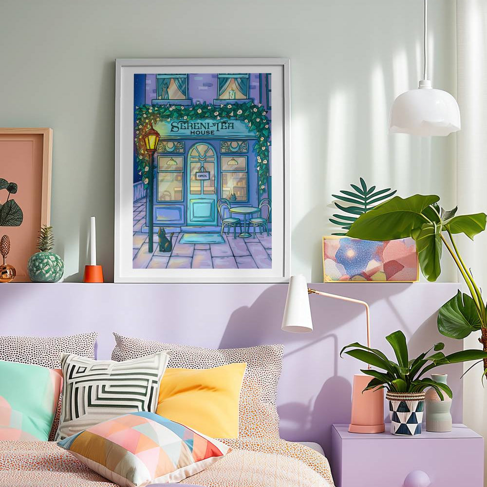Colorful bedroom with a painting of a tea shop on the wall, a bed with pillows, and a nightstand with a plant.