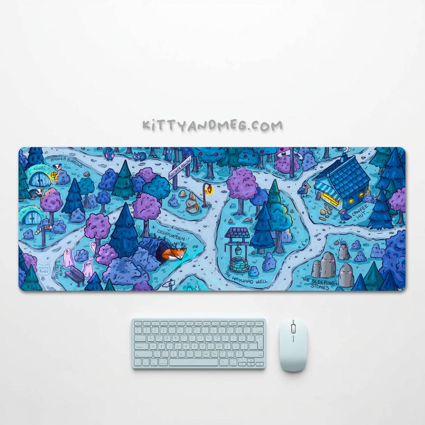 Colorful mouse pad with cartoon design on a white surface, featuring a keyboard and mouse.