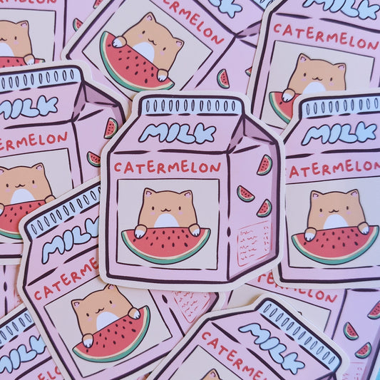 Matte vinyl die-cut sticker featuring Catermelon – a kawaii-style watermelon milk carton with a cute cat face, printed in Ireland, 6x6.5cm