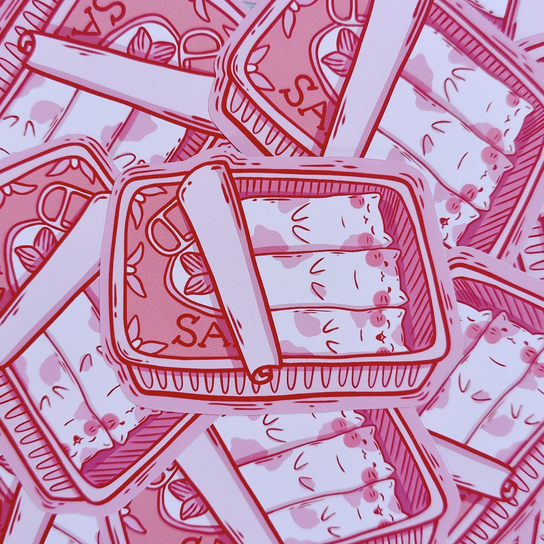 Matte vinyl die-cut sticker featuring three cute cats inside a sardine tin – Sardine Kitties kawaii-style artwork, printed in Ireland, 8x5.5cm