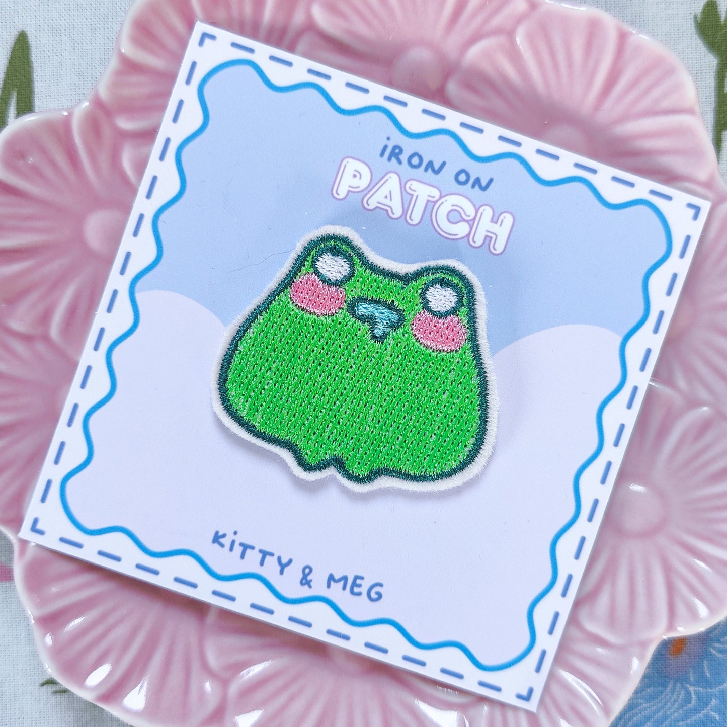 Kawaii frog embroidered iron-on patch made in Ireland, 5x4cm, perfect for clothes or DIY crafts