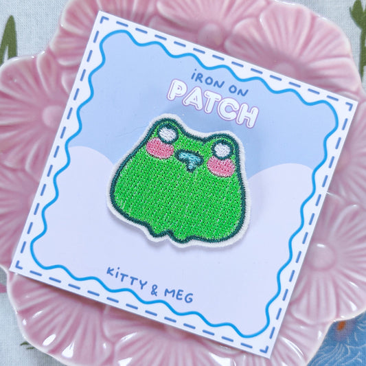 Kawaii frog embroidered iron-on patch made in Ireland, 5x4cm, perfect for clothes or DIY crafts
