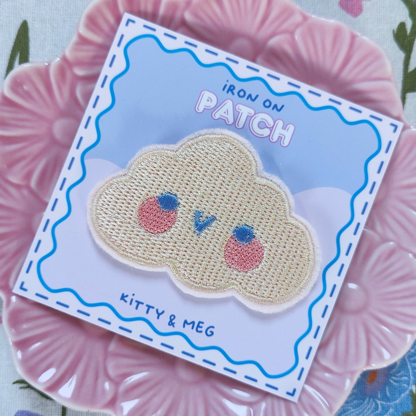 Kawaii cloud embroidered iron-on patch handmade in Ireland, 7x5cm cute appliqué for clothes and DIY crafts
