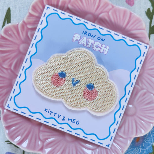 Kawaii cloud embroidered iron-on patch handmade in Ireland, 7x5cm cute appliqué for clothes and DIY crafts