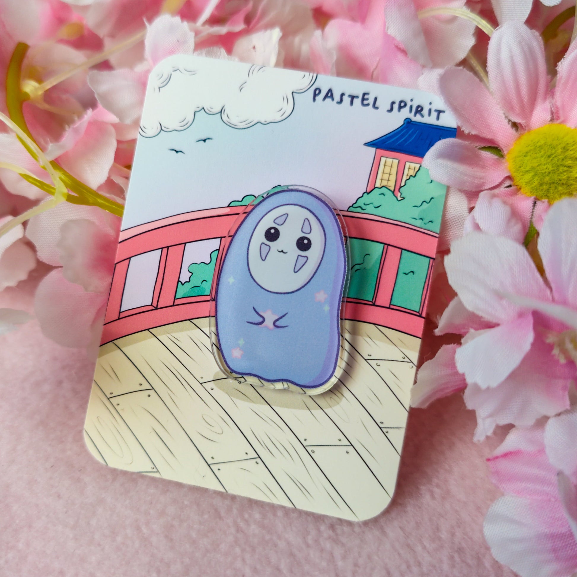 Pastel Spirit acrylic pin in soft lilac on art backing card – inspired by Studio Ghibli No Face