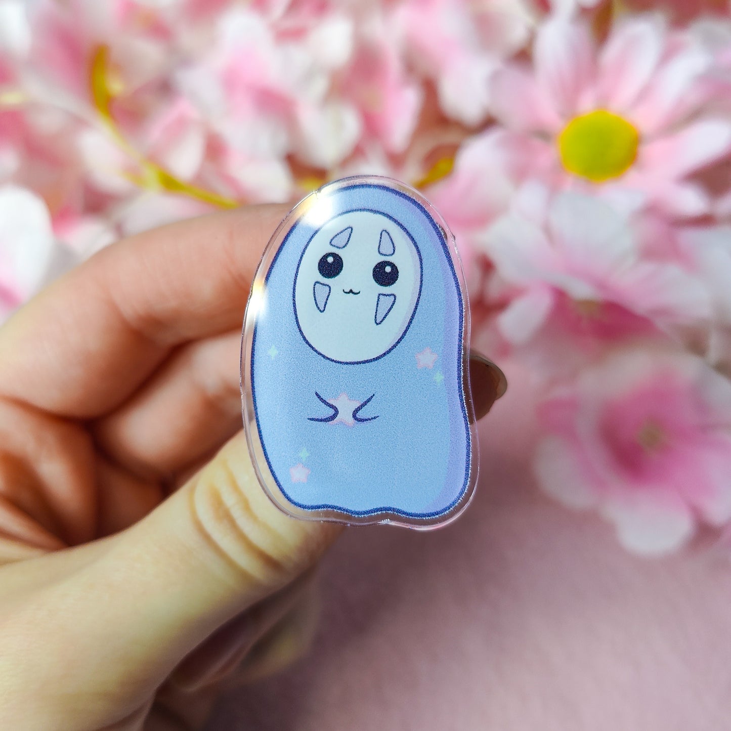 Pastel Spirit acrylic pin in soft lilac on art backing card – inspired by Studio Ghibli No Face