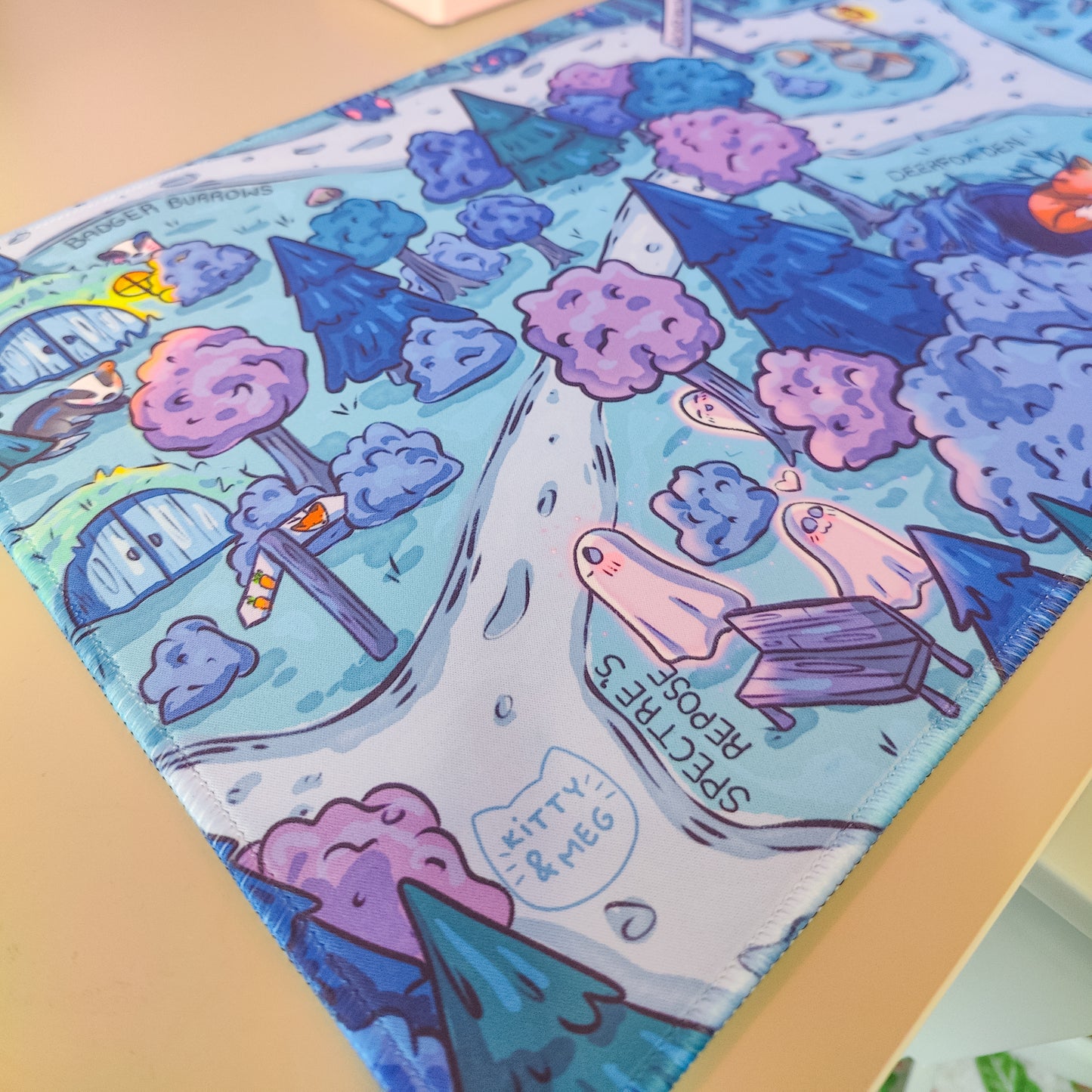 Colorful illustration of cartoon characters and trees on a blue background