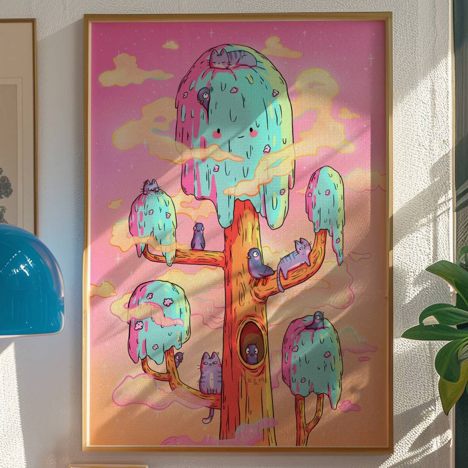 Colorful abstract art piece on a wall with a modern interior setting.