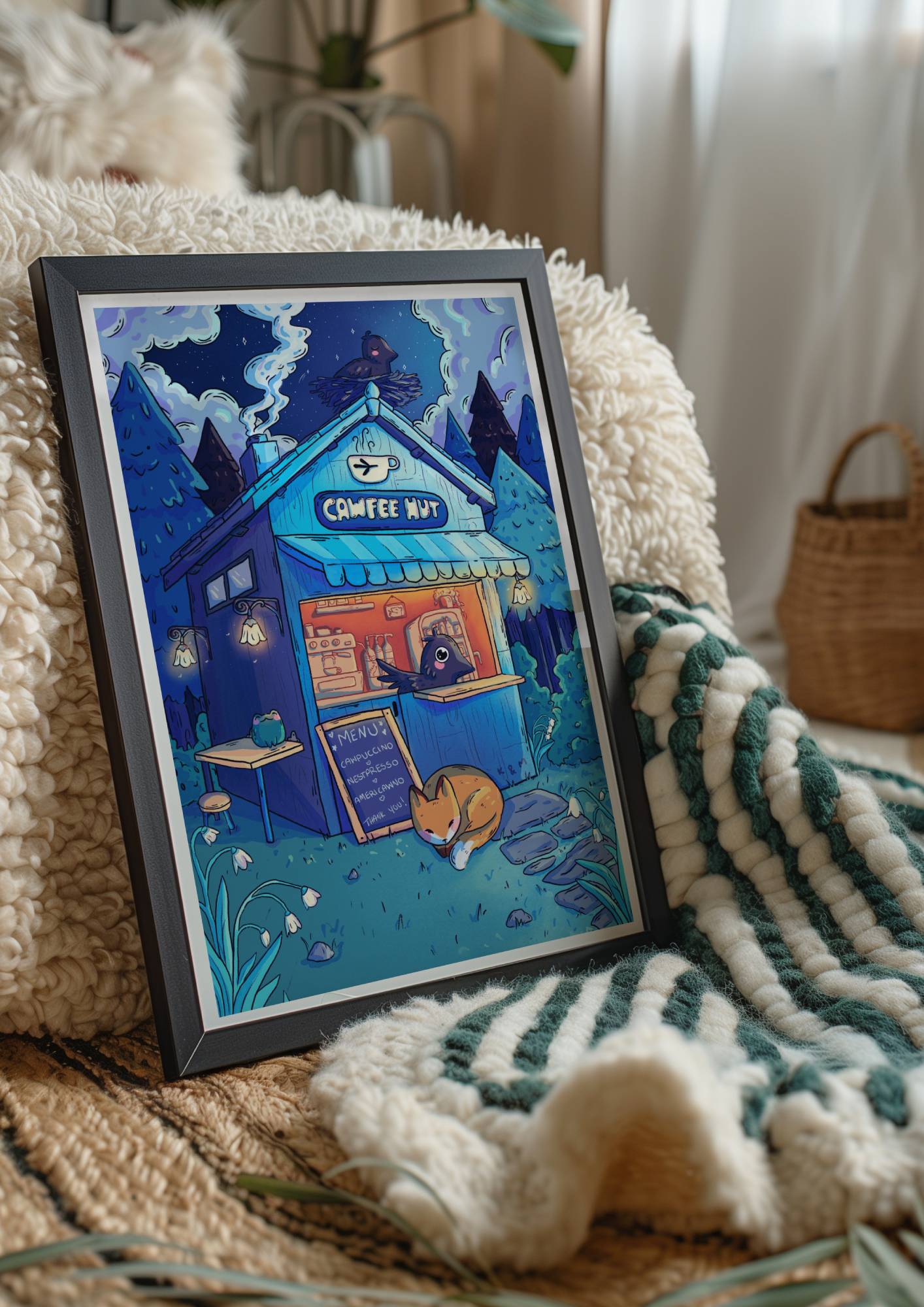 Original art print of a cute coffee hut in the woods run by a crow with coffee menu