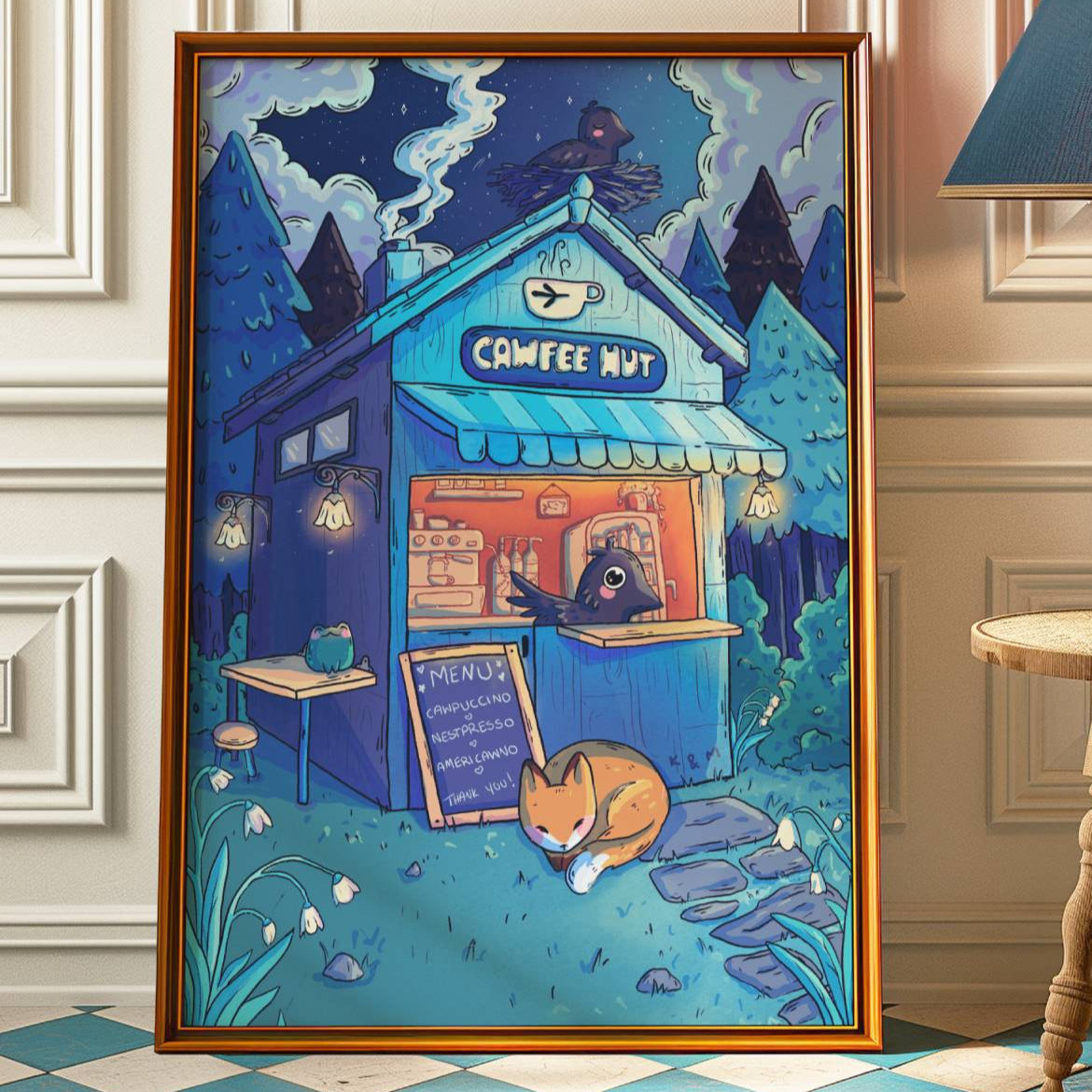 Original art print of a cute coffee hut in the woods run by a crow with coffee menu