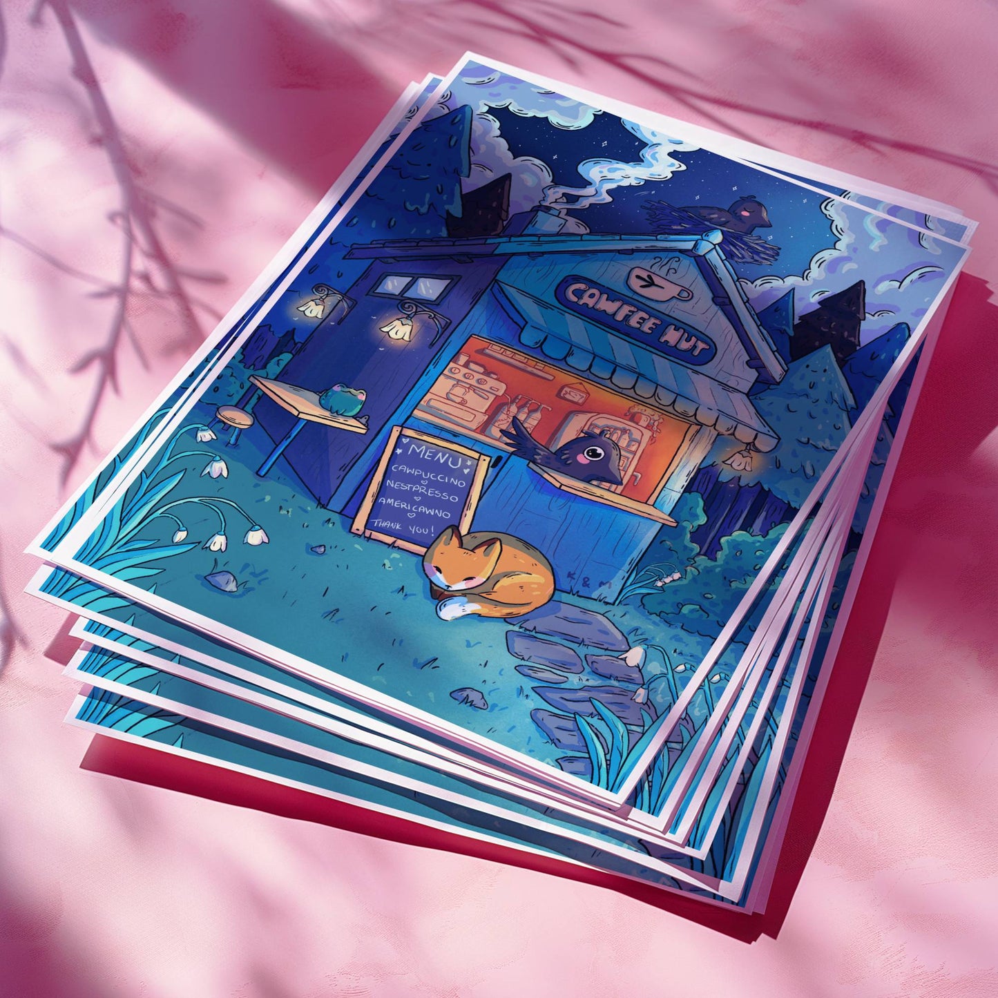 Original art print of a cute coffee hut in the woods run by a crow with coffee menu