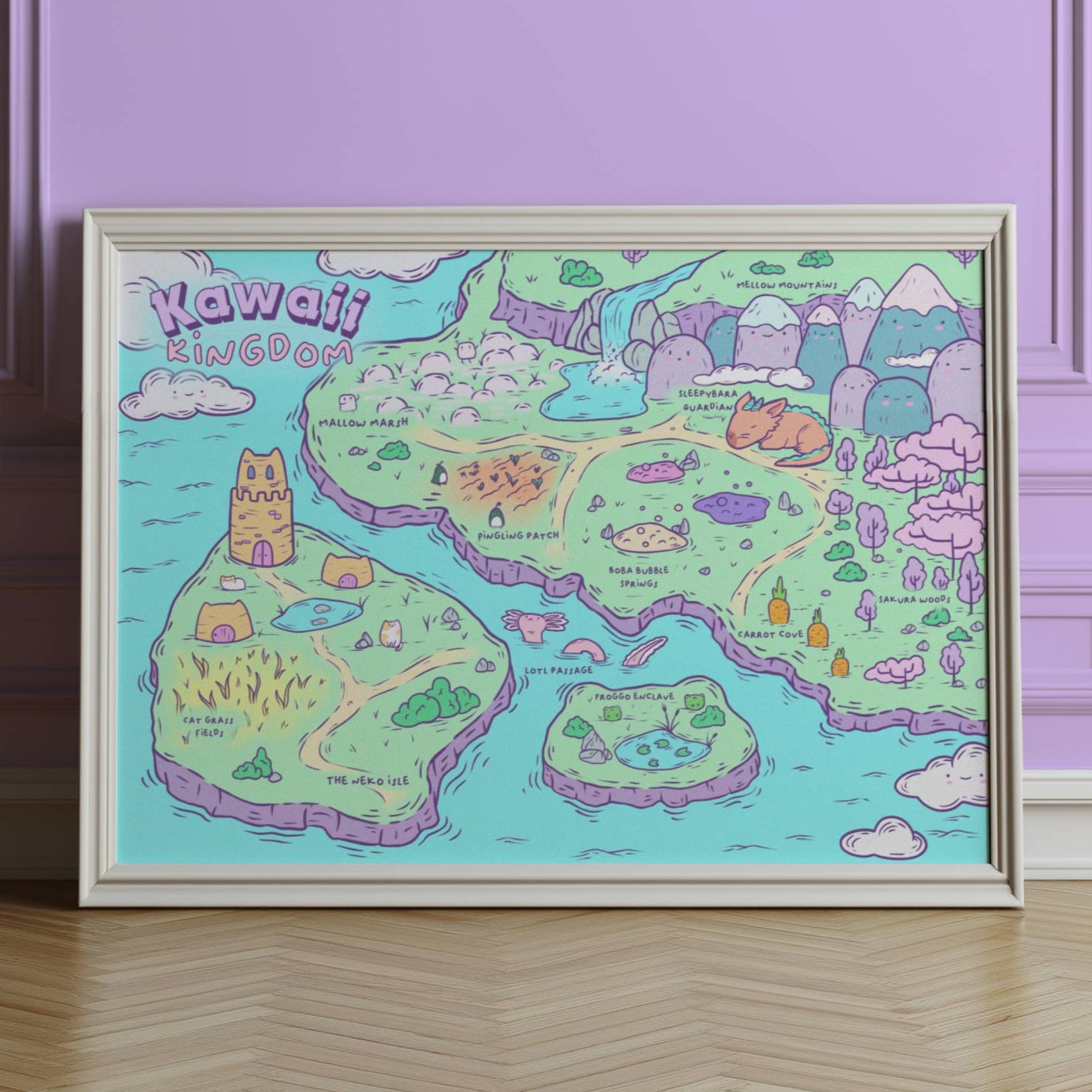 Framed colorful kawaii mpi on a purple wall