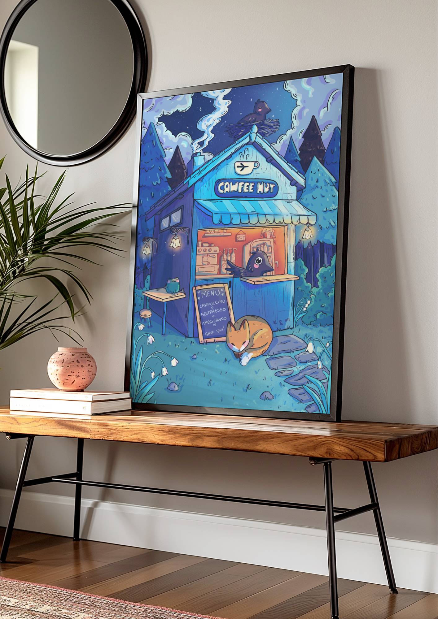 Original art print of a cute coffee hut in the woods run by a crow with coffee menu